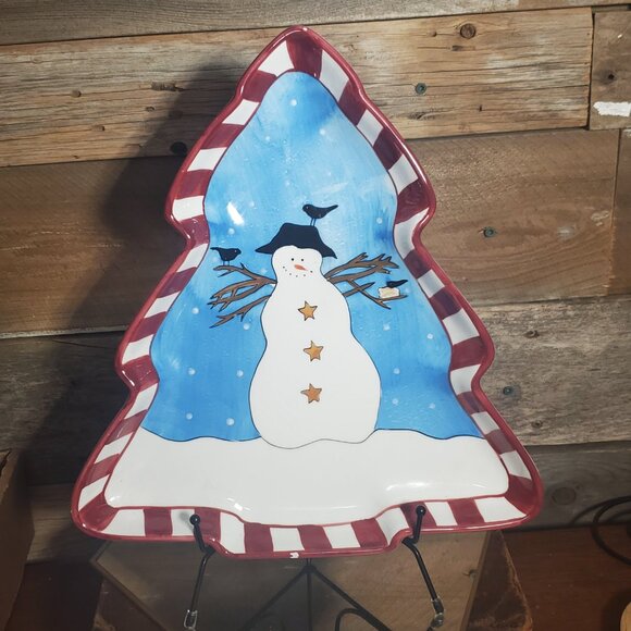 Sakura Debbie Mumm Christmas Serving Dish - Tree Shaped - Snowman Design - Picture 1 of 9